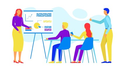 Woman office worker making presentation in front of colleagues and talking to them. Business meeting. Brainstorming team. Colorful vector illustration.