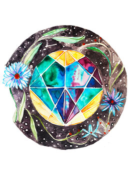 
a heart painted with quartz in a circle with the night and flowers in watercolor and the moon, watercolor, painting