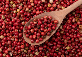 Top view, closeup of dried red pepper grains on a wooden spoon. Food backdrop