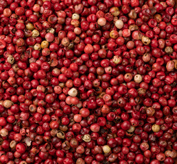 Top view, closeup of dried red pepper grains. Food backdrop