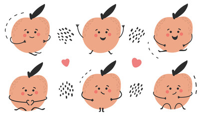 Hand drawn cute funny happy peach set. Childish cheerful character. Healthy fruit collection. Sweet and tasty. Vector illustration on white background