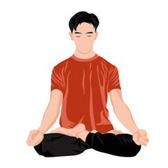 Obraz premium Yoga man vector stock illustration. Male meditation, the guy is sitting in the lotus position. Sports at home. Relaxation. Isolated on a white background.