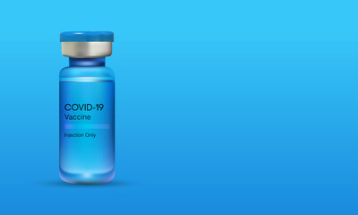 Vector illustration of Covid-19 vaccine bottle isolated on light blue background. Coronavirus vaccine.