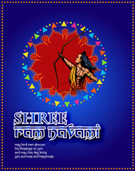 Shree Ram Navami celebration background for religious holiday of India grungy texture decorative illustration of Lord Rama with bow arrow with hindi text meaning shree ram navami