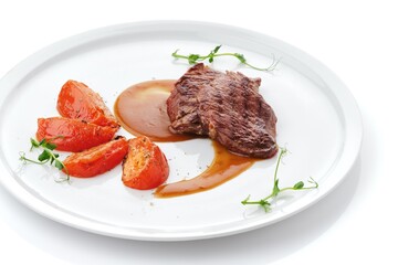 Grilled sliced Beef Steak with sauce, tomatoes and green on a white plate. Top view.
