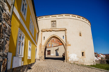 Fototapeta na wymiar Zatecky Barbican, Medieval gothic fortification, fortress wall, sunny day, town gate, old stronghold, city coat of arms, renaissance yellow historical building, Kadan, Czech Republic