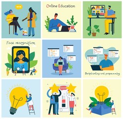 Webinar online concept illustration. Young man uses video chat on desktop and laptop to make conference.