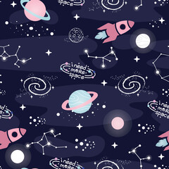Hand Drawn Seamless Pattern Constellations, Planet and Star Sky.  Zodiac signs. Vector illustration, Galaxy Background © LindaAyu