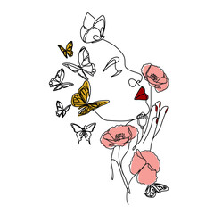 Abstract face with flowers and butterfly by one line drawing. Modern continuous line art. Women line art. Beauty salon logo. Coloring book. Botanical print. Nature symbol of cosmetics. Fashion logo.