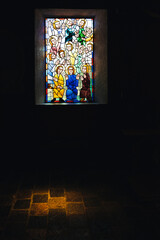 Mexico, Valle de Bravo March 26, 2021, view of a stained glass window depicting a Catholic scene, it is seen illuminated by the sun and they are in the "Casa De Oración Carmel Maranatha"