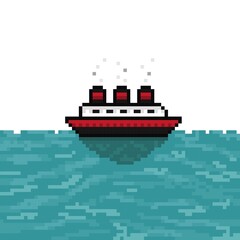 Obraz premium Boat pixel art. Ship pixel art. Vector illustration.