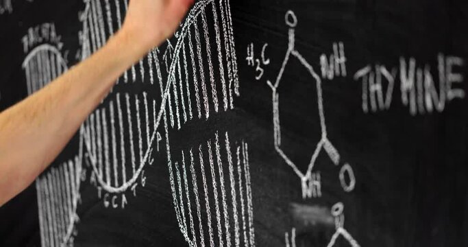 Dark black chalk board with man drawing dna molecule - Powered by Adobe