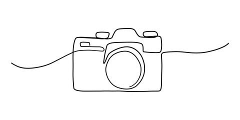 Camera single linear drawing. One line photography tool, minimal logo icon, fine line tattoo. Vector art illustration