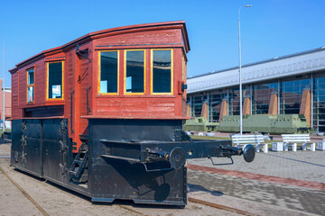 Antique steam locomotive for cleaning railway tracks from snow in a museum in St. Petersburg, Russia