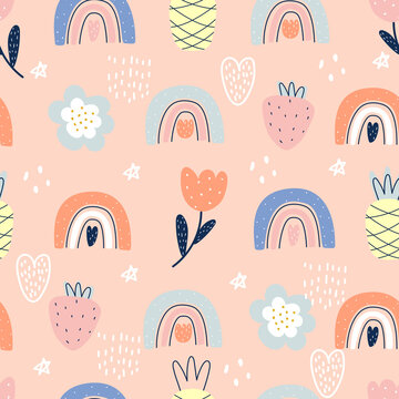 Seamless pattern with pineapple, strawberry and rainbow fruit on pink background. Vector illustration for printing on fabric, packaging paper, clothing. Cute baby background.