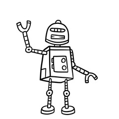 Robot. Doodle character. Metal computer man. Funny children drawing. Friendly Mechanism. Black and white cartoon illustration