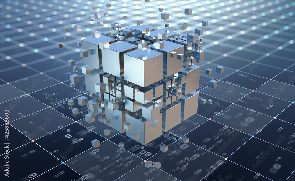Aufkleber Hi-tech Square blocks are collected in a cubic array against the background of information fields. 3d illustration of blockchain abstract concept. Artificial intelligence learnability