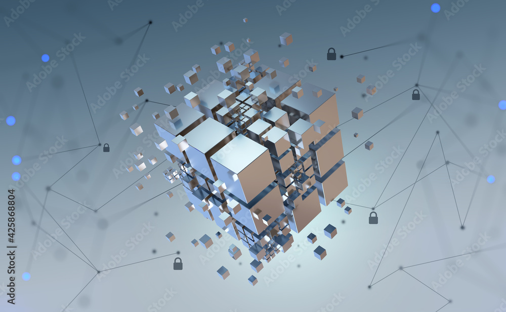 Poster Hi-tech Square blocks are collected in a cubic array against the background of information fields. 3d illustration of blockchain abstract concept. Artificial intelligence learnability