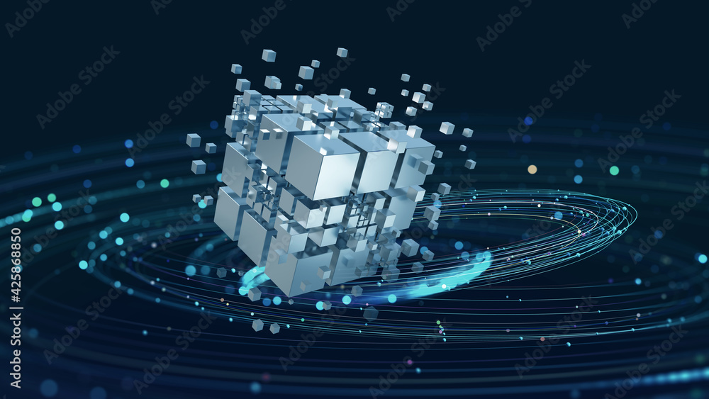 Poster High-tech and data capture. Square blocks are collected in a cubic array against the background of a digital field. 3d blockchain concept illustration. Creation of artificial intelligence