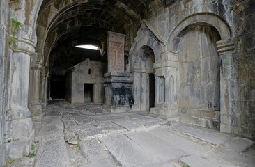 Arches, niches, and a khachkar (khatchkar, or cross-stone) decorate a transept of the Cathedral of Surb Nishan at Haghpat Monastery, Armenia.