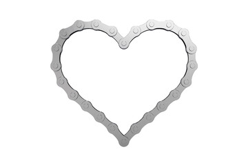 Fototapeta na wymiar Bicycle chain in the shape of a heart isolated on white background. Close-up, high detail. Realistic 3D rendering