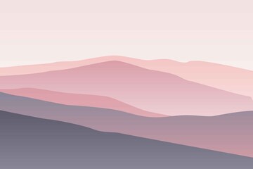 Landscape with waves. Pastel pink sun set sky. Purple, pink and gray mountains silhouette. Sandy foggy desert dunes. Nature and ecology. Horizonal orientation. For social media, post cards and posters