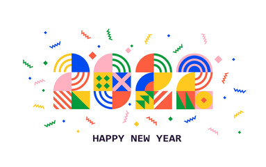 2022 New Year banner with numbers from simple geometric shapes and figures inside confetti. Template for greeting card, invitation, poster, flyer, web.Vector illustration isolated on white background.