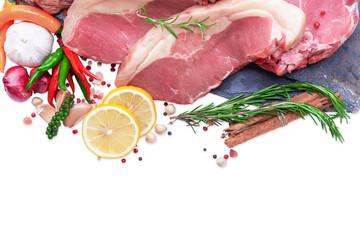 fresh meat with ingredients for cooking on white or isolated background, copy space for text.