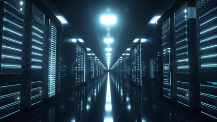 Network and data servers behind glass panels in a server room. 3d illustration - obrazy, fototapety, plakaty
