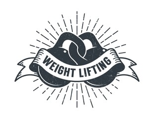 Athletic club vintage logo - two kettlebells and ribbon. Vector illustration. Worn texture on separate layer.