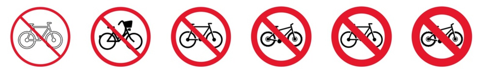 Prohibition Sign Bike Forbidden Icon Set | Bike Prohibition Signs Riding Prohibited Vector Illustration Logo | Mountain Bike Prohibition Sign Isolated Collection