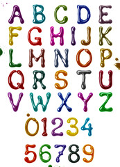 Glossy letters of the Latin alphabet and numbers made of colorful glaze