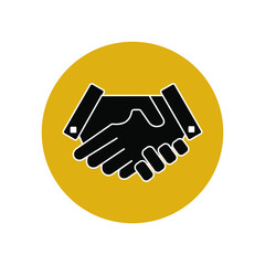Handshake icon with black outline in a yellow circle. Business agreement in business. Friendship and Peace Treaty. Vector graphics.