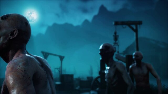 Creepy zombies roam a scary abandoned city in the middle of a moonlit night. Animation for fantasy, creepy and fiction backgrounds. View of an zombies village.