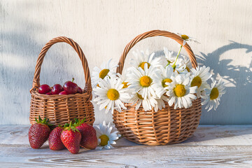 Fototapeta na wymiar Summer still life with ripe strawberries, cherries and white daisies in wicker basket on white background