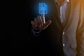 Businessman man holding a document icon in his hand Document Management Data System Business...