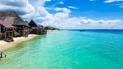 Beach restaurants and bungalows in Nungwi. Zanzibar, Tanzania