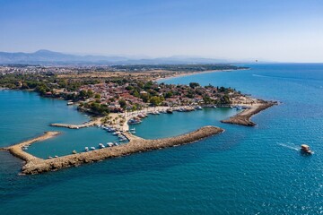 Naklejka na ściany i meble Aerial View Of Side Antique City . Side Old Town amphitheater. Side Harbor marina in Antalya Turkey drone view