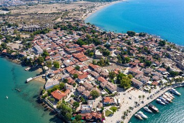 Aerial View Of Side Antique City . Side Old Town amphitheater. Side Harbor marina in Antalya Turkey drone view