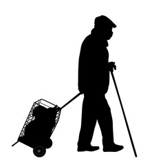 Old man silhouette with stick and bags