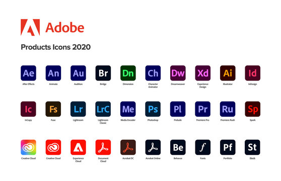 MOSCOW, RUSSIA - APRIL 6, 2021: Set icons Adobe - After Effects, Illustrator, InDesign, Lightroom, Photoshop, Premiere Pro, Premiere Rush, Acrobat DC, Experience Design... Vector illustration EPS10