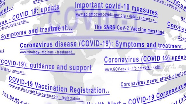 The links of imaginary no-existing websites for coronavirus with planet map move on a display, close up.