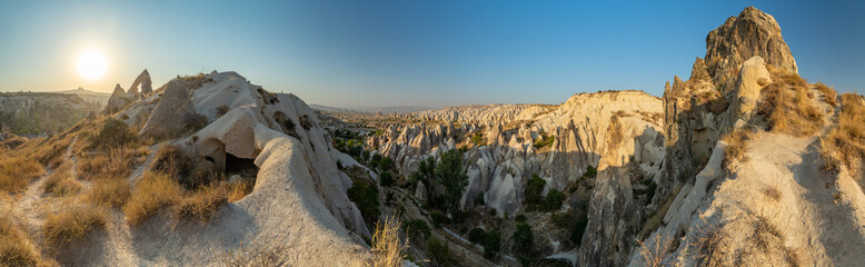 The picturesque panorama of Cappadocia at sunset, amazing Turkey, Mountains and rock formation, big...