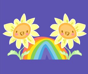 Sunflowers and rainbow hand drawn vector illustration sketched cute flower positive vibes happy print design poster and handwritten text