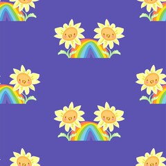 Fototapeta na wymiar Happy Sunflower and rainbow seamless pattern cute flowers vector illustration print design for textiles, clothing and fabric