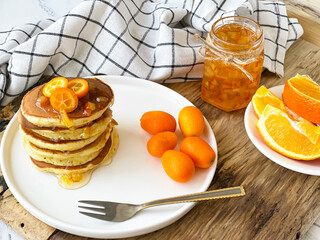 pancakes with orange jam and kumquat for breakfast