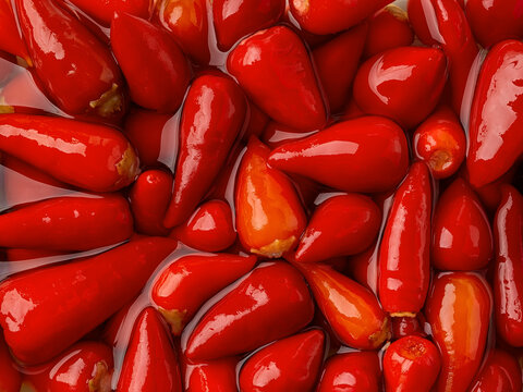 Pickled Baby Red Hot Peppers In A Marinade As A Background. Marinated Pods Of Small Hot Pepper Close-up. Fermented Organic Vegetable Snacks And Condiments. Food Design Texture.