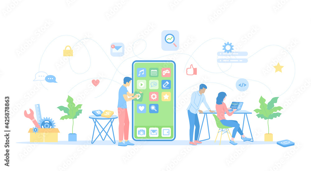 Poster mobile app development, software management, ui, ux. the team of programmers is developing new mobil