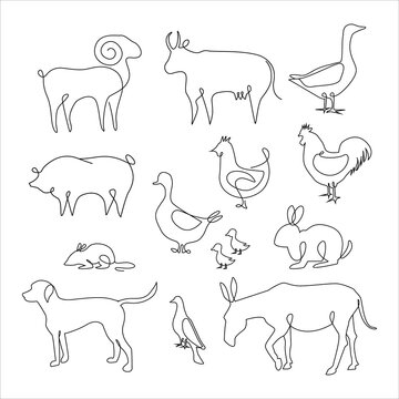 Minimalistic One Line Animals Set. Farm animals one line hand drawing continuous, Vector Illustration. Single line drawing of cow, chicken, duck, goose, pig, ram, donkey, rabbit, birds, rat, mouse, co