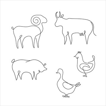 Minimalistic One Line Animals Set. Line drawing tattoo. Farm animals one line hand drawing continuous, Vector Illustration. Free single line drawing of farm animals, cow, chicken, duck, goose, pig, ra